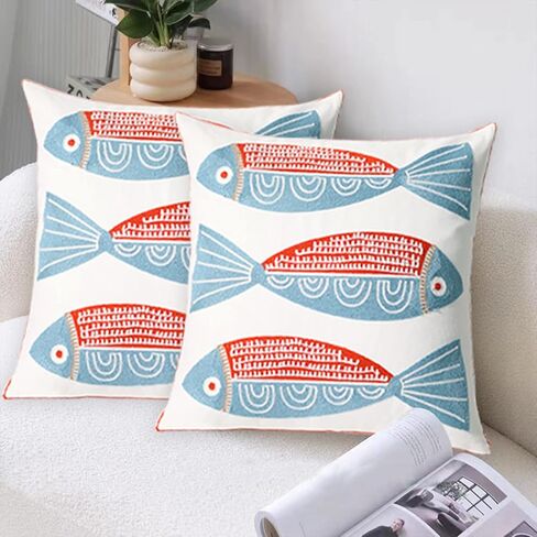 1 قطعة غطاء وسادة مطرز من القطن غطاء وسادة مربع مزخرف للمنزل أريكة سرير وكرسي 18 × 18 بوصة (سمكة حمراء) in Kuwait