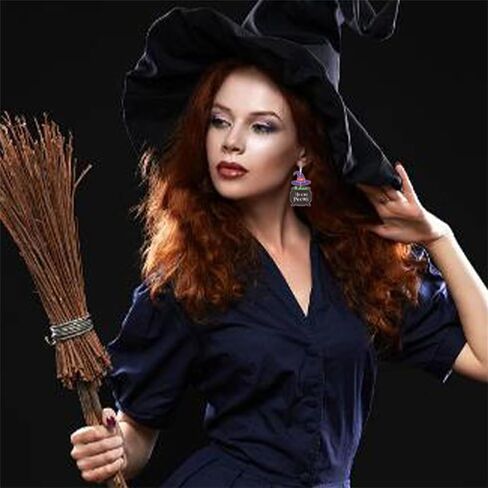 Halloween Earrings for Women Cute Hocus Pocus Earrings Halloween Earrings Lightweight Wooden Black Cat Witch Dangle Earring Halloween Jewelry (Witch) in Kuwait