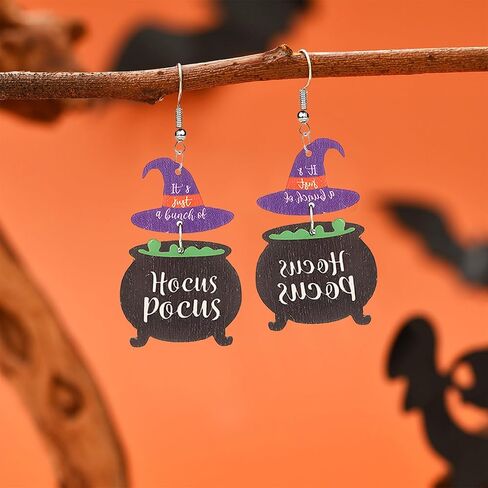 Halloween Earrings for Women Cute Hocus Pocus Earrings Halloween Earrings Lightweight Wooden Black Cat Witch Dangle Earring Halloween Jewelry (Witch) in Kuwait
