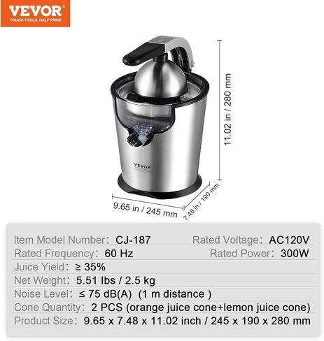 VEVOR Electric Citrus Juicer Squeezer, 300W Stainless Steel Orange Juice Maker with 2 Cones, Detachable Orange Juice Extractor For Oranges, Grapefruits, Lemons and Others in Saudi Arabia
