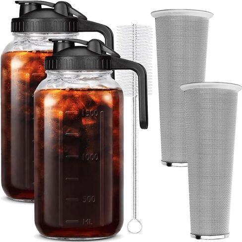 64 oz (2 Quart), Black Cold Brew Coffee Maker, Iced Tea Machines, Thick Glass with Pour Spout Handle Lid, Stainless Steel Filter for Iced Coffee, Fruit Drinks or Sun Tea (1) in Kuwait