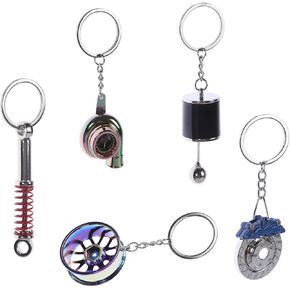 KKC HOME ACCENTS 5 Pcs Car Parts Metal Key Chain Set Auto Part Model Metal Keyring Holder Spinning Turbo Wheel Rim Tyre Six Speed(Style A)