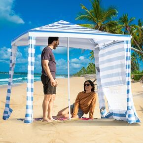 CROWN SHADES 6.5'x6.5' Beach Cabana Easy Setup Pop Up Tent Sun Shelter Beach Shade with One Sidewall and More Pockets, Navy Blue