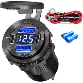 12V USB Charger with 4 Ports, Upgraded Aluminum Alloy Car Outlet with LED Voltmeter Display, for 12/24V Car Golf Cart Boat Marine Bus Truck RV Marine Motorcycle etc. (1PC)