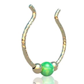 Tiny Clip on Septum Piercing - Hypoallergenic Hammered Gold Faux Septum With 3mm White Opal - Handmade 14k Gold 20 Gauge Fake Septum Hoop