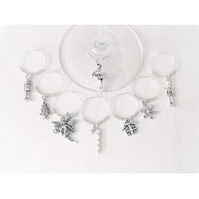 Nutcracker Ballet Wine Charms, Christmas Gift, Nut cracker Ballet Gift. Toy Soldier, Sugar Plum Fair, Ballerina. Set of 8. SILVER BEADS.