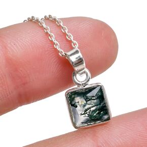 Real Moss Agate Hexagon Bezel Gemstone Dainty Pendant Necklace, Healing Chakra Stone, Birthstone, Natural Crystal, Women Jewelry, 925 Sterling Silver Chain 18 inch