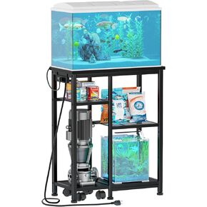 Aquarium Stand with Power Outlet, 3 Tiers Fish Tank Stand with Adjustable Storage Shelves & 4 Wheels for 10, 20 Gallon, 200LBS Capacity Terrarium Stand, Reptile Tank, Black