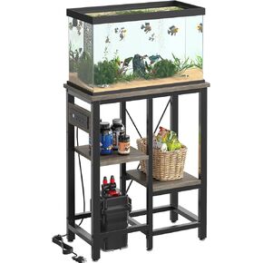 20/30/37 Gallon Fish Tank Stand with Charging Station, 30.7 x 13.8 Metal Aquarium Stand with 3-Tiers Adjustable Storage Shelves, 6-Legs Reptile Terrarium Stand, 400 LBs