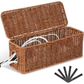 Handmade Cable Management Box,Orapoke Rattan Cable Organizer,2 Open Slots Cords Hider Box, Under Desk Cord Organizer for TV Wire Computer Router & Power Strip,Desk Cable Management Box for Office,Home