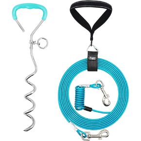 Supet Dog Tie Out Cable and Stake, Heavy Duty Dog Cable for Outdoor, Yard and Camping, for Medium to Large Dogs Up to 125 lbs, 16" Stake with Durable Spring and Metal Hooks (10ft)