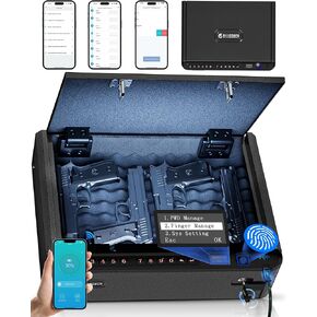 BILLCONCH Smart Gun Safe with Security Cable - Biometric Pistol Safe for Handgun 4 Ways Quick Access with Fingerprint/Keypad/Key/APP Lock, for Nightstand Bedside Home Car with LCD and Voice Guide