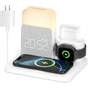 Alarm Clock with Wireless Charger for Bedrooms, 7 in 1 Wireless Charging Station, Mag-Safe Charger with Night Light Bedside Clock for iPhone 16 15 14 13 12 Pro Max, Apple Watch, AirPods