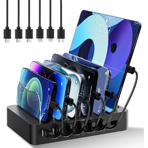 Charging Station for Multiple Devices: 68W 6 Port 20W Fast Phone Charger Dock with 6 Cables, Compatible with Apple Cellphone iPad iPhone Tablet and Other Electronic (Black)