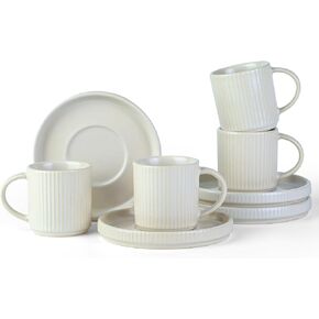 famiware Star Espresso Cups and Saucers Set of 4, [ Mini ] 3 oz Ceramic Small Coffee Mug with Handle, Ribbed Stoneware Demitasse Cup for Tea, Latte - Microwave & Dishwasher Safe - Cappuccino White