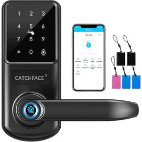 Smart Lock,CATCHFACE A290 Bluetooth Smart Lock,Keyless Entry Door Lock with Handle,Biometric Door Lock Fingerprint Door Lock|TTLock Door Lock|Card|Key|Passcode,Smart Lock for Front Door Office