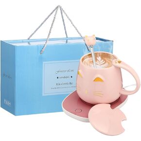 Cat Coffee Cup Warmer Coffee Warmer with Mug for Women Electric Coffee Mug Heater Temperature Control Ceramic Cute Cat Smart Coffee Warmer for Office Christmas Birthday Gift (White)