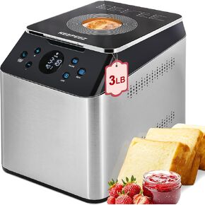 20-in-1 & 3LB Ultra Quiet Larger Bread Maker, Dual Heaters Bread Machine with Die-Cast Ceramic Pan, Stainless steel Breadmaker with Auto Fruit Dispenser & Custom Program, Timer, Sourdough,Gluten Free