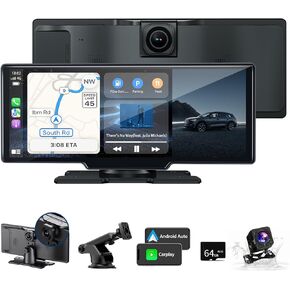 Wireless Carplay Screen for Car - 10.26 Inch Car Stereo Wireless Car Play & Android Auto Touch Screen, with 4K Dash Cam, Backup Camera, GPS Navigation, Voice Control,Bluetooth,Mirror Link,FM
