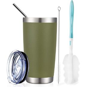 COMOOO 20oz Double Wall Vacuum Insulated Travel Mug, Stainless Steel Tumbler with Lid and Straw Durable Powder Coated Insulated Coffee Cup for Cold & Hot Drinks (Army Green, 2 Pack