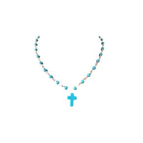Small Blue Cross Charm Choker Necklace Turquoise Stone Rosary Chain