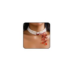 Halloween Vampire Blood Necklace for Women Imitation Fake Blood Red Pearl Choker Necklace Gothic Dripping Blood Pearl Necklace Goth Bloody Halloween Party Costume Jewelry (Pearl C)