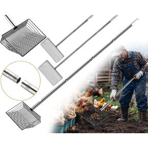 Large Metal Chicken Poop Scooper, 4-in-1 Detachable Tool 20 to 60 inches, Metal Handle, Stainless Steel Chicken Coop Cleaning Tool, Heavy-Duty Poop Shovel for Chicken Coop Accessories