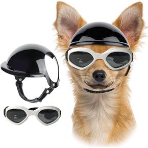 Dog Helmet and Goggles for Small Dogs Summer Fashion Dog Sunglasses Pet Motorcycle Bicycle Helmet with Ear Holes Adjustable Cat Dog Hat for Traveling Walking