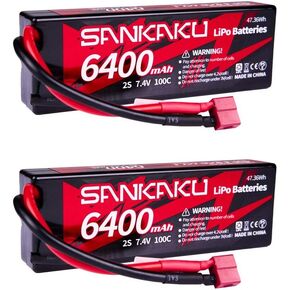 SANKAKU 2S 6400mAh Lipo Battery 7.4V 100C Lipos Hard Case with Deans T Plug for RC Vehicles car Truck Buggy Tank Models Hobby 2pcs