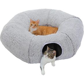 PEQULTI Cat Tunnel with Cat Bed for Indoor Cats, Cat Play Donut Tunnel with Washable Soft Plush Mat, Round Cat Tunnel Toys Cute Cat Tube for Kittens, Puppies, Rabbits and Ferrets, Brown