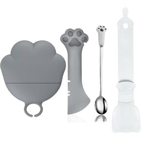 Cat Dog Food Can Lids Spoons - Cute Paw Silicone Pet Can Lids Covers for Dog Cat Food Cans / Can Opener Cat Food Spatula Spoons for Wet Food / Cat Treat Spoon for Lickable Squeeze up Treats, Grey