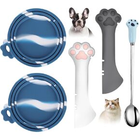 Comtim 5 PCS Pet Food Can Lids & Spoons Set - Silicone Dog Cat Food Can Covers Lids Top/Multi-Function Cat Food Spoon Spatula Can Opener for Wet Food/Long Handle Spoon Easy to Scoop Food