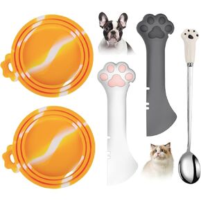 Comtim 5 PCS Pet Food Can Lids & Spoons Set - Silicone Dog Cat Food Can Covers Lids Top/Multi-Function Cat Food Spoon Spatula Can Opener for Wet Food/Long Handle Spoon Easy to Scoop Food