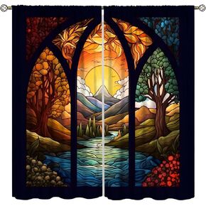 Stained Glass Curtains, Stained Glass Curtains, Autumn Forest Mosaic Art Beautiful Nature Scenery Stained Glass Art Window Treatment for Living Room Bedroom Kitchen 21"W x 45"L x2【Blackout】