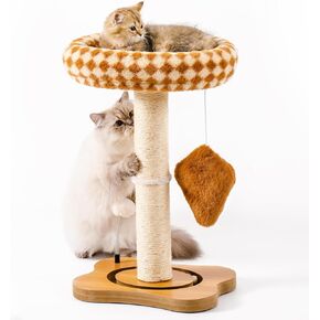 Mewoo Cat Scratching Post with Bed, Cat Tower with Cat Scratcher Post, Small Cat Tree for Indoor Cats, Sisal Cat Scratcher with Removable Cat Perch, Cat Ball Track and Kittens Toys (Brown, Medium)