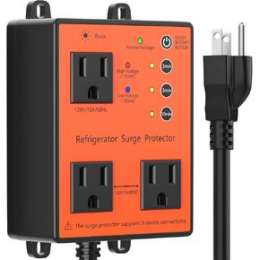 Refrigerator Surge Protector, 3-Outlet 120V for Home Appliance, Time Delay, LED Indicator Light & 110dB Alarm, Protects Against Voltage Abnormalities, Brownout, Spike, Instant Surge