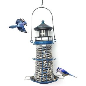Solar Lighthouse Bird Feeder with Rotating Beacon Lamp - 14" Hanging Mesh Wild Bird Feeders for Outdoor Garden Decor Patio Lawn (Blue Ocean Beach)