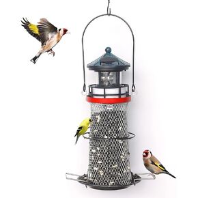 Solar Lighthouse Bird Feeder with Rotating Beacon Lamp - 14" Hanging Mesh Wild Bird Feeders for Outdoor Garden Decor Patio Lawn (Blue Ocean Beach)