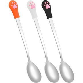3pcs Cat Food Spoon,Dog Food Scoop with 5.9 In Long Handle,Stainless Steel Cat Spoons for Wet Food,Cute Silicone Cat Claw Mixing Spoon for Dog and Cat Food Can(White Black and Orange)