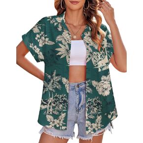 Zeagoo Women's Hawaiian Button Down Shirts Casual Short Sleeve Floral Tropic Print Summer Blouse Tunic Top