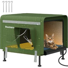 Pawtners Heated Cat House for Outside, Outdoor Insulated Kitty Shelter with Heated Pad&Escape Door, 900D Oxford Cloth Weatherproof Pet House for Multi Feral Cats to Stay Warm&Cozy Winter, Extra Large