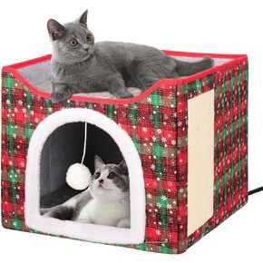 Heated Cat Bed for Indoor Cats, Foldable Cat House with Removable Heating Pad for Cats Small Dog Covered Cat Bed Cave Kitty Hideaway with with Scratch Pad, All Season Use