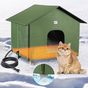 Dreyoo 1 Pack Heated Cat House Plus Size 18 x 20 x 16 Inches, Weatherproof Outdoor Cat Shelter with Heating Pad Mat, Warm Cat House with 2 Doors for Winter (Olive Green)