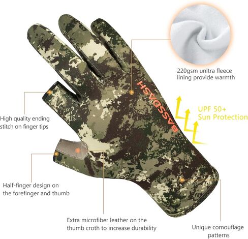 BASSDASH Unisex Fingerless Fleece Liner Camo Hunting Gloves for Cold Weather UPF 50+ Lightweight Fishing Photography HG06 in Kuwait