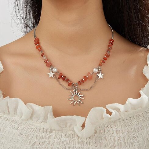 Natural Stone Healing Necklace Gothic Boho Star Sun Necklace for Women Crystal Beaded Choker Necklace Handmade Irregular Stone Bead Necklace Christmas Birthday Gifts (Green) in Kuwait