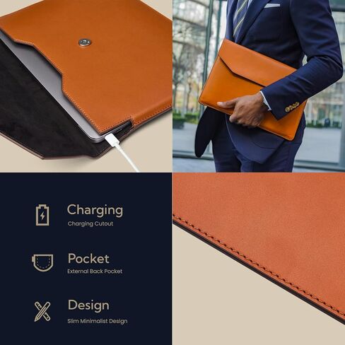 16 inch Premium Full-Grain Leather Laptop Sleeve Case - Compatible with MacBook Pro 16 inch M1 Pro / M1 Max, Razer Blade 15, Microsoft Surface Laptop 3 - Black in Saudi Arabia