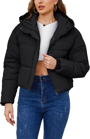 Gihuo Women's Cropped Puffer Jacket Zip Up Hooded Quilted Jackets Winter Short Padded Coat Outerwear in Kuwait