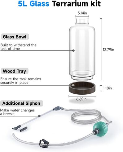 PONDON 1.3 Gallon Fish Bowl Vase, Glass Plant Terrarium Kit, Complete with Wooden Base and Water Changer in Saudi Arabia