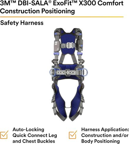 3M 1113121 DBI-SALA ExoFit X300 Comfort Construction Positioning Safety Harness, Construction Fall Protection, Aluminum Back and Hip D-Rings, Auto-Locking Quick Connect Leg and Chest Buckles, Small in Saudi Arabia