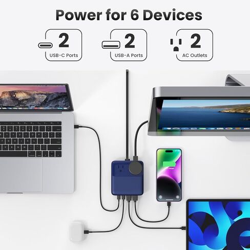 USB C Charger Block,135W GaN IV Fast Charging Station Hub,6-in-1 USB C Power Strip with Flat Plug and 5ft Cord,2 AC,2 USB A,2 USB C,PD 65W Laptop Charger for MacBook Air/Pro,iPhone16/15,Galaxy S24 etc in Saudi Arabia